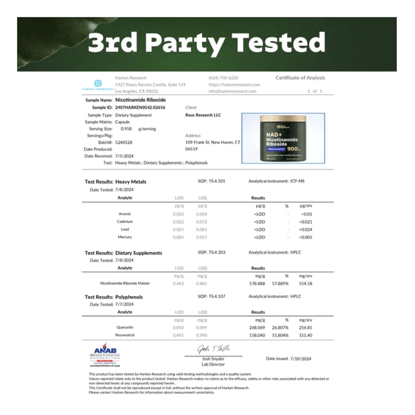 Reus Research NAD+ Nicotinamide Riboside 900mg (80 Count)